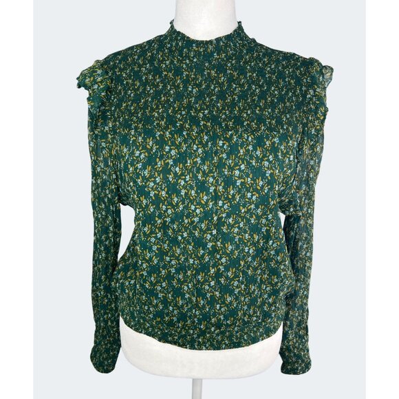 Free People Roma Forest Green Floral Sheer Mock Neck Long Sleeve Blouse Medium - Picture 14 of 15